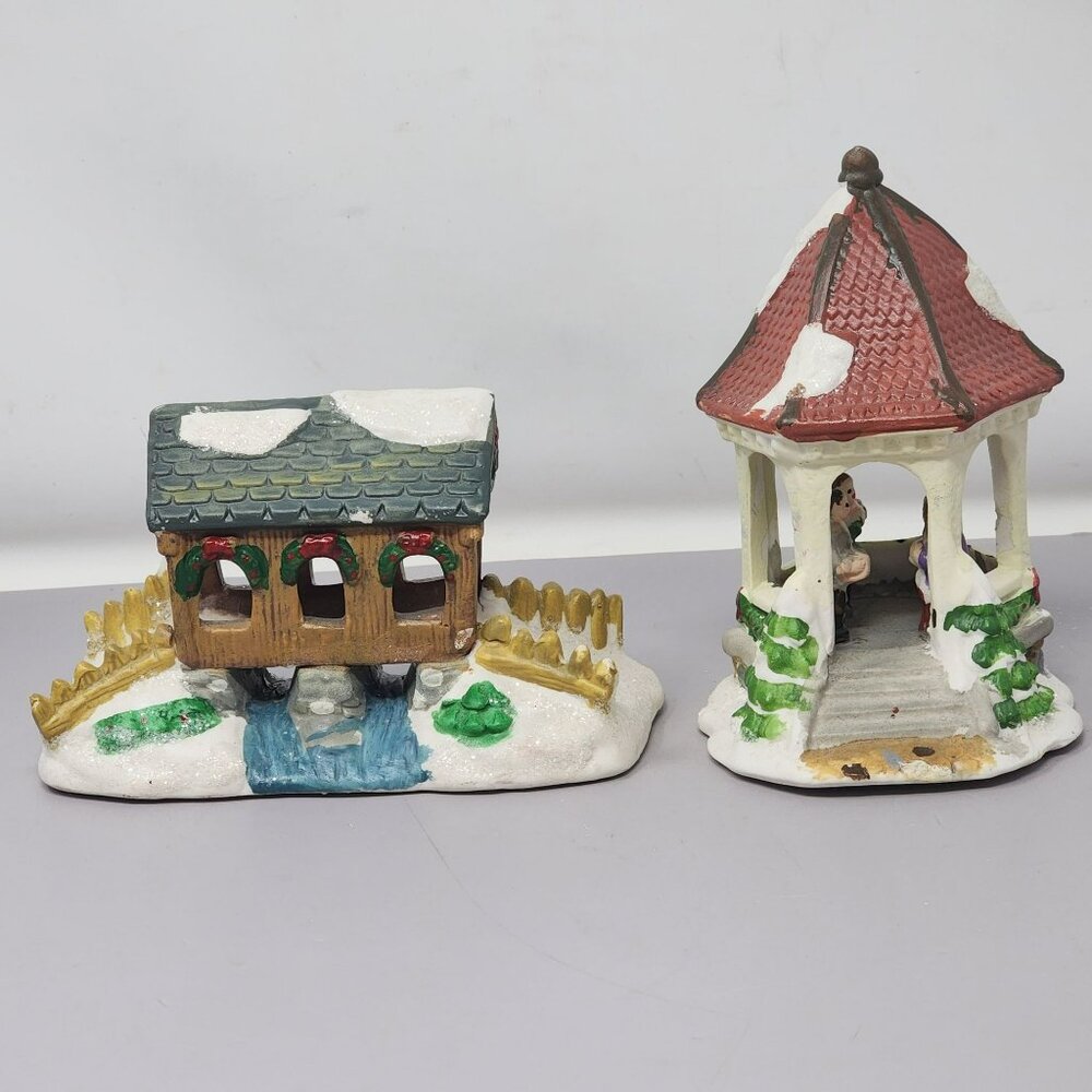 Winter Christmas Holiday Ceramic Covered Bridge & Gazebo Figurines‎